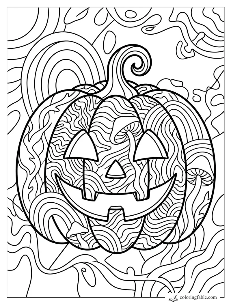 Intricate boho jack-o’-lantern with wavy patterns, curled stem, rainbows, vines, and mushrooms