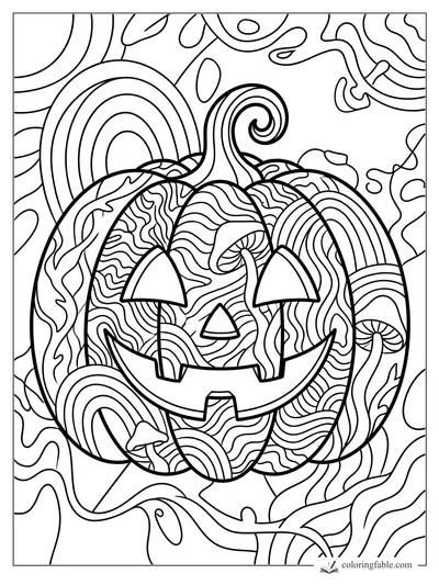 Intricate boho jack-o’-lantern with wavy patterns, curled stem, rainbows, vines, and mushrooms