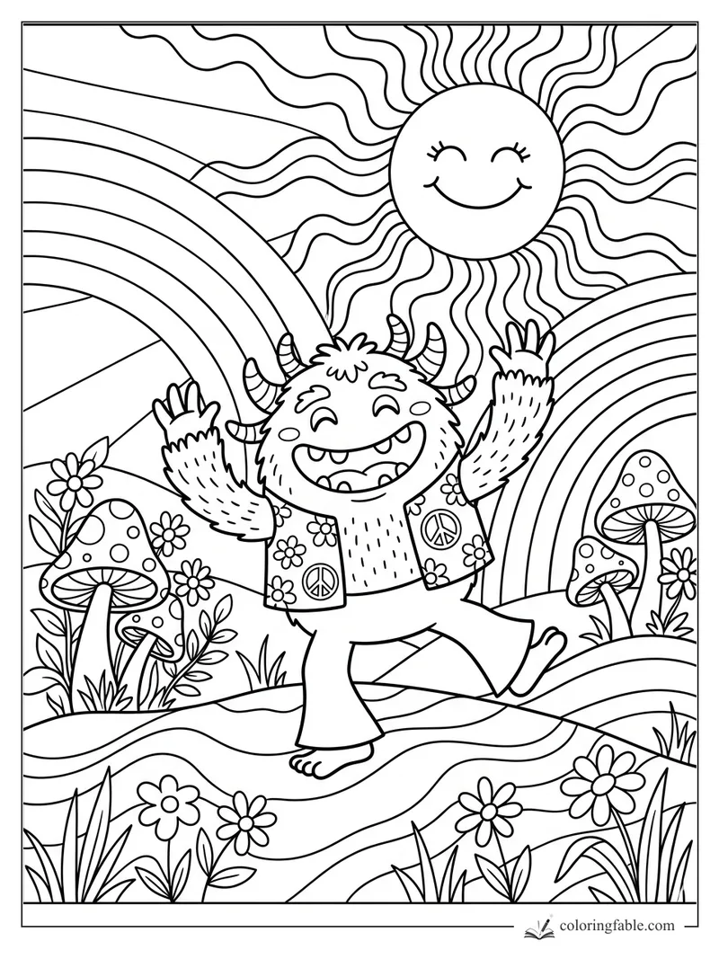 Cute horned monster dancing under a smiling sun between rainbows, mushrooms, and daisies.