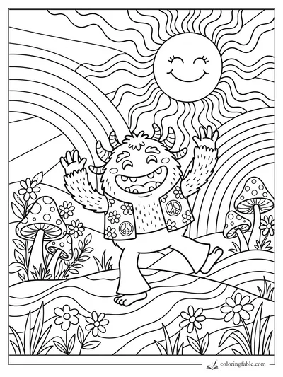 Cute horned monster dancing under a smiling sun between rainbows, mushrooms, and daisies.