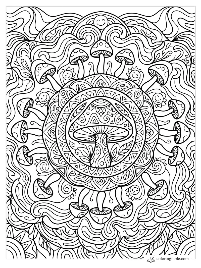 Boho mushroom mandala with wavy lines, spotted caps, petals, leaves, and smiling suns.