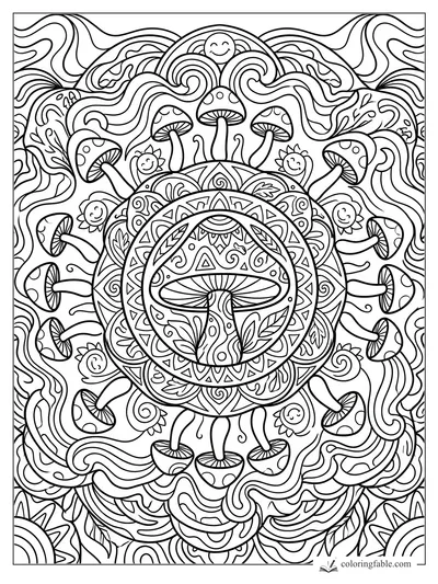 Boho mushroom mandala with wavy lines, spotted caps, petals, leaves, and smiling suns.