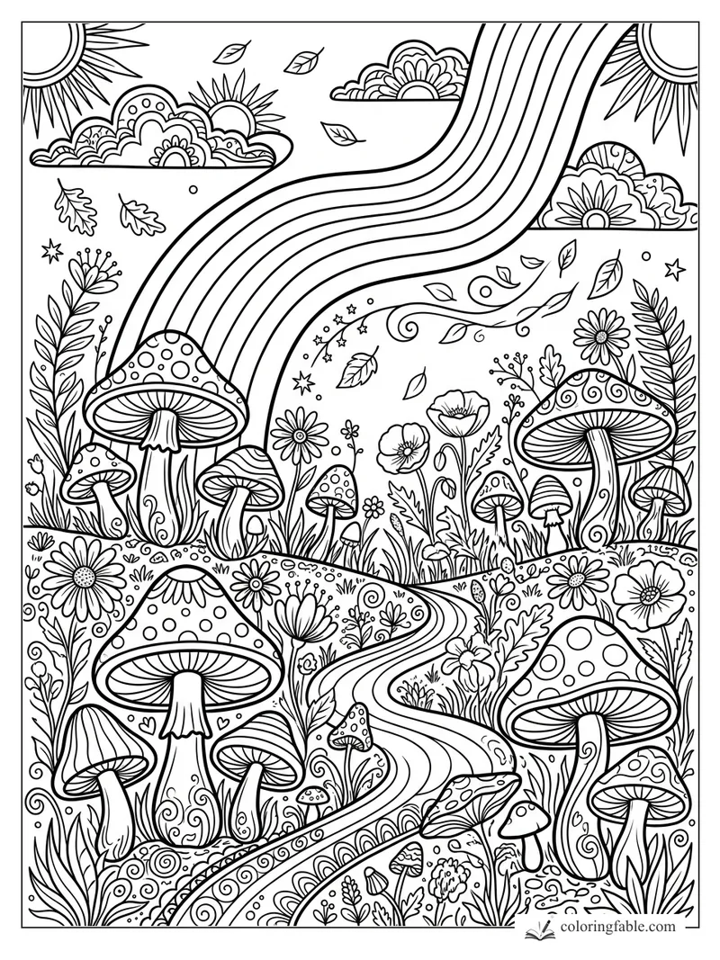 Intricate boho mushroom meadow with winding rainbow path, flowers, leaves, clouds, suns, and stars