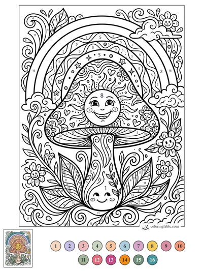 Groovy Mushroom with Rainbow Sun — color by number