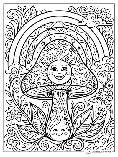 Boho mushroom with smiling sun, rainbow arches, flowers, leaves, hearts, stars, and swirling clouds.