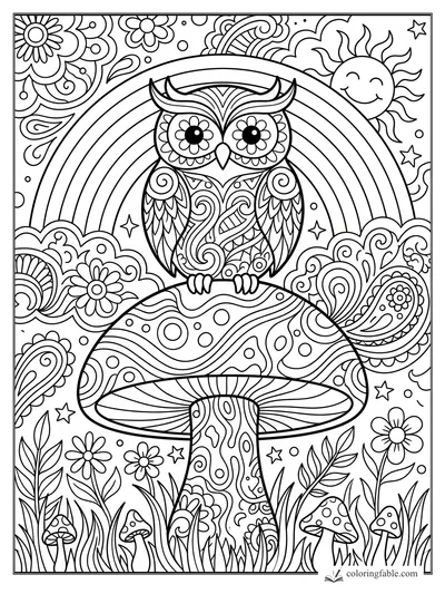 Boho owl with flower eyes perched on a patterned mushroom beneath a rainbow, smiling sun, stars, and flowers.