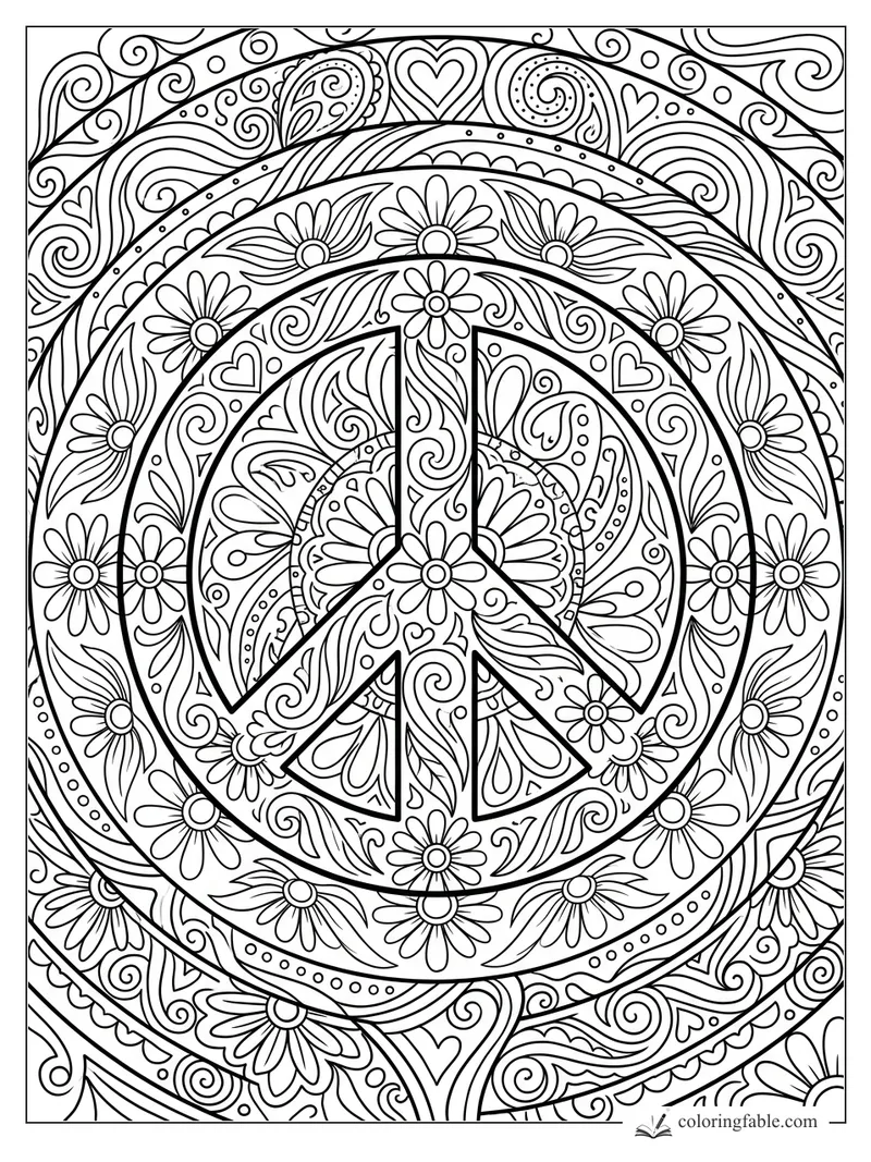 Boho peace sign mandala with daisies, paisley curls, hearts, dots, and swirling rings