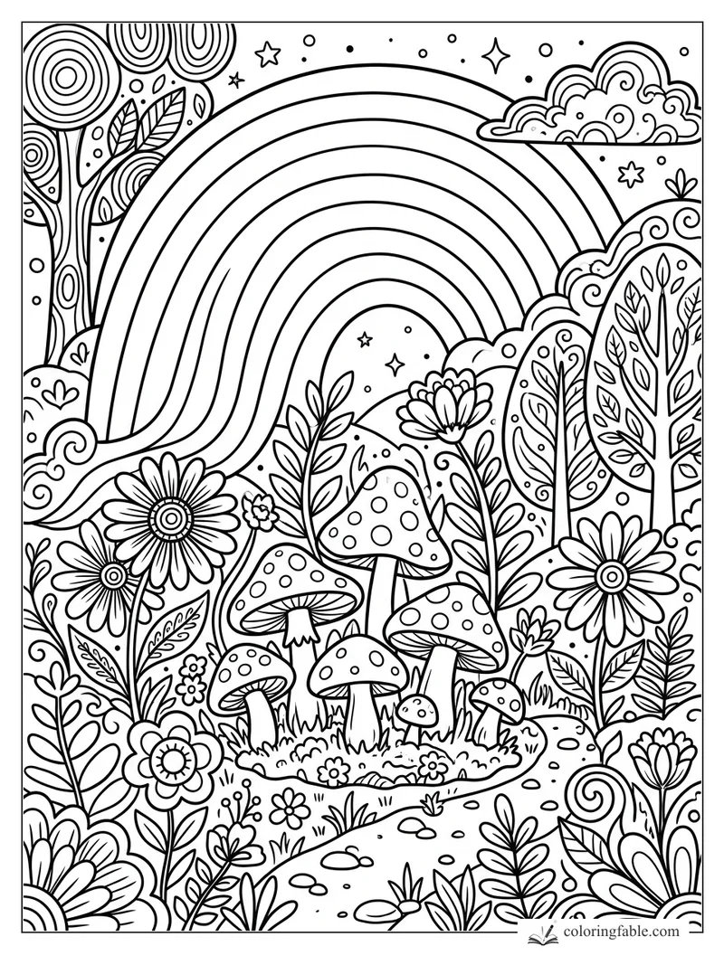 Boho rainbow arch over mushrooms, daisies, leafy trees, swirly clouds, stars, and a winding garden path.