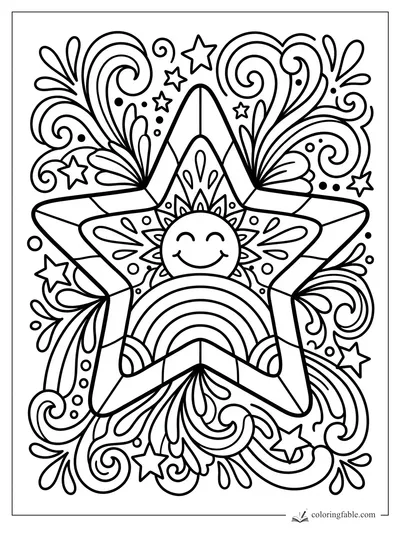 Boho groovy star coloring page with a smiling sun, rainbow bands, small stars, dots, and swirling flourishes.