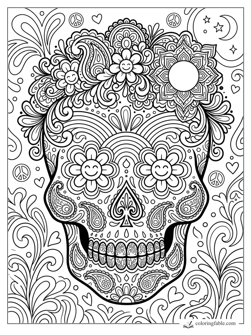 Intricate boho sugar skull with smiling flower eyes, paisley details, peace signs, hearts, moon, and stars