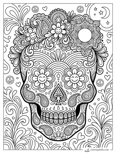 Intricate boho sugar skull with smiling flower eyes, paisley details, peace signs, hearts, moon, and stars