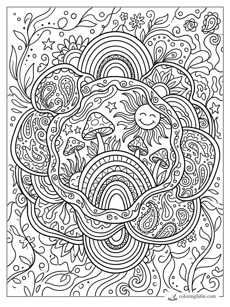 Intricate boho mandala with smiling sun, mushrooms, rainbows, paisley petals, stars, leaves, and swirling vines.