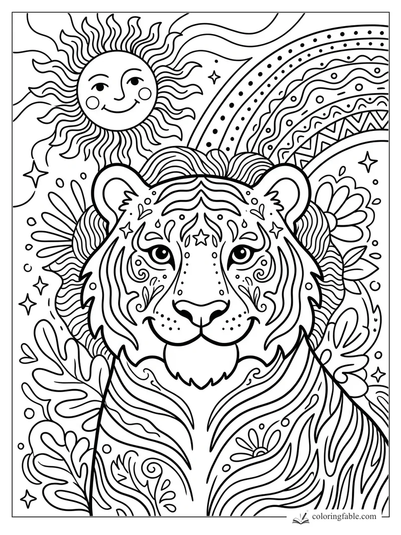 Boho tiger coloring page with a smiling sun, rainbow arcs, stars, flowers, and swirling stripe patterns.