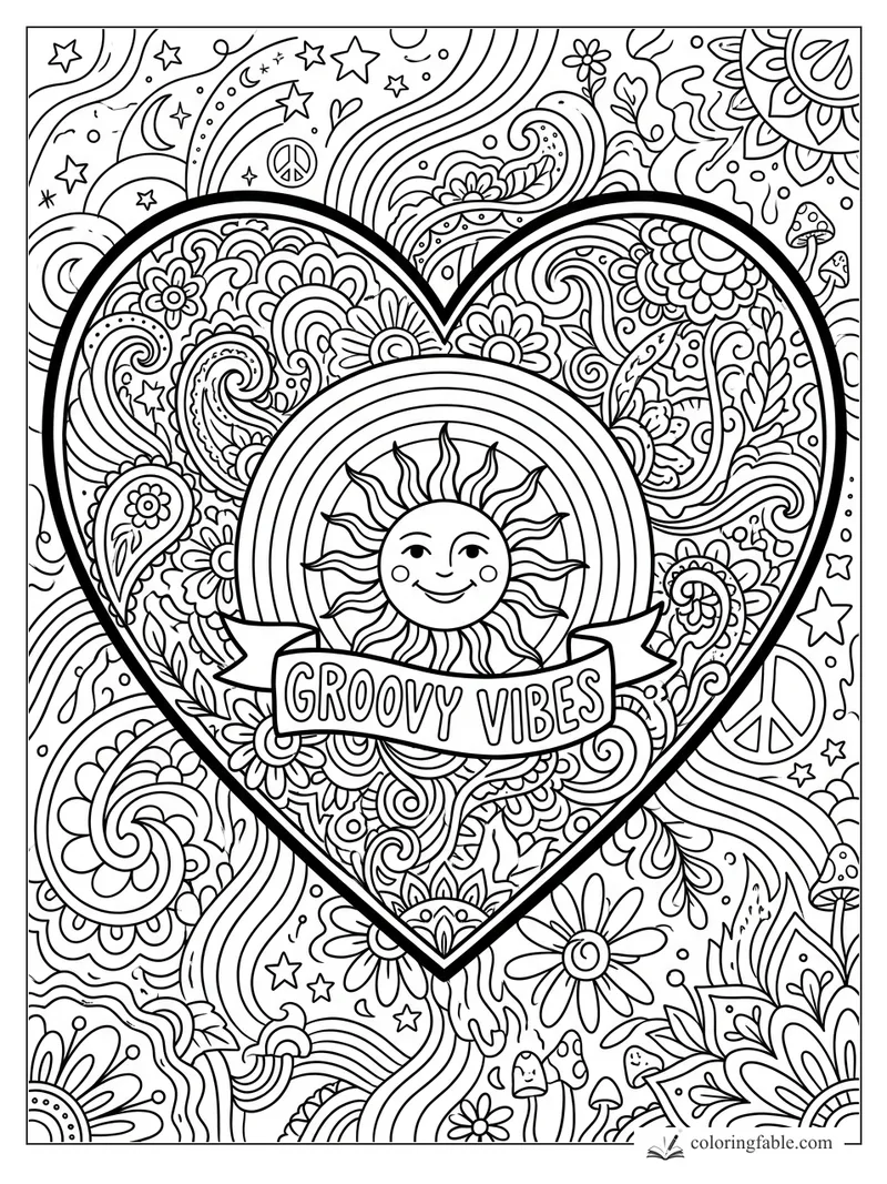Intricate boho heart coloring page with smiling sun, groovy banner, paisley flowers, stars, mushrooms, and peace signs.