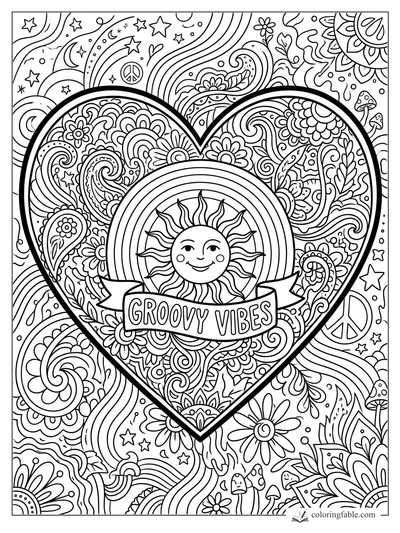 Intricate boho heart coloring page with smiling sun, groovy banner, paisley flowers, stars, mushrooms, and peace signs.