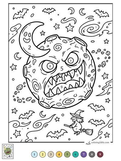 Grumpy Monster Planet with a Crescent Moon — color by number