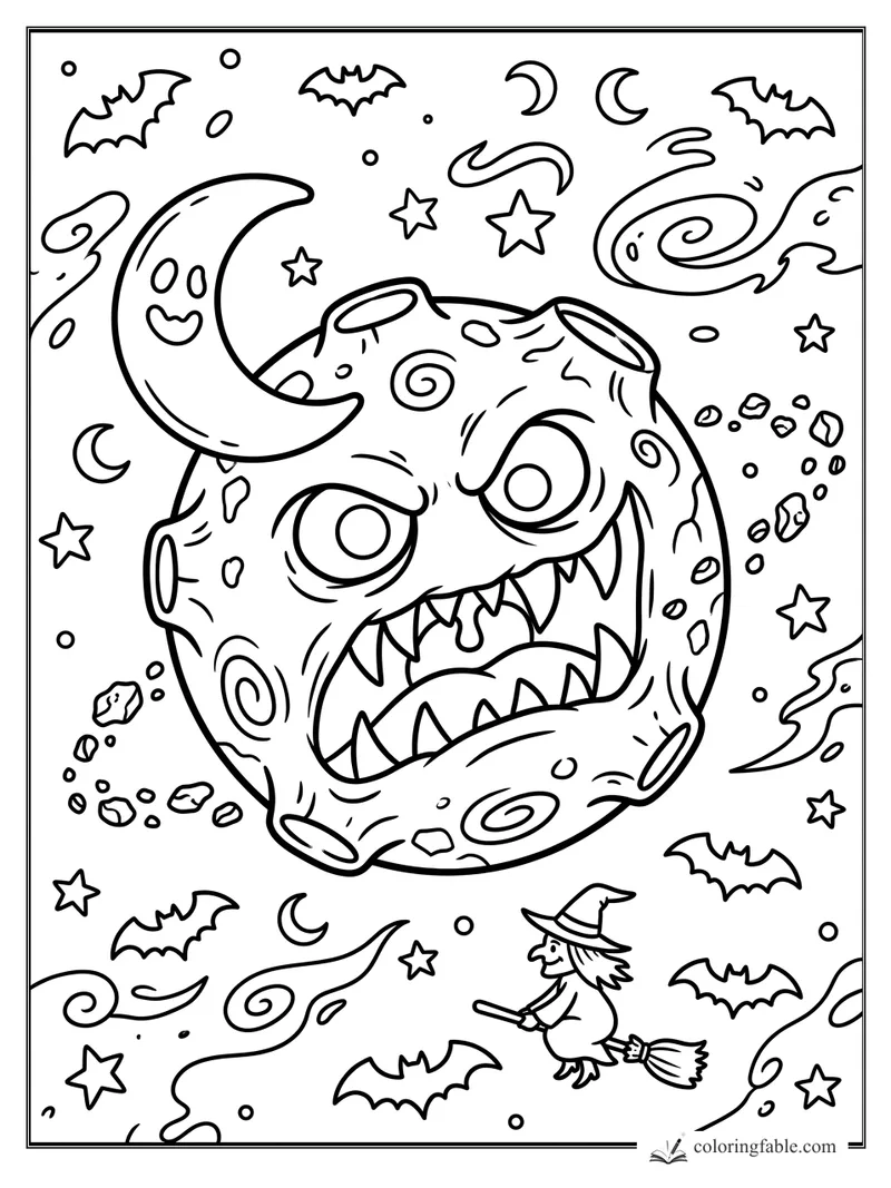 Cartoon monster planet with sharp teeth, crescent moon, witch, bats, stars, and swirling galaxies