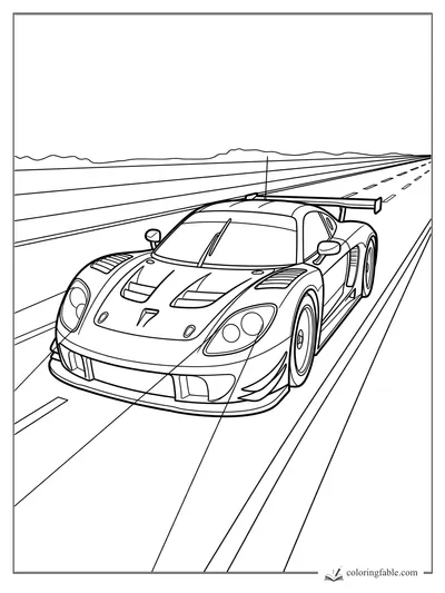 Realistic GT race car with rear wing speeding on a wide highway with dashed lanes and distant hills.