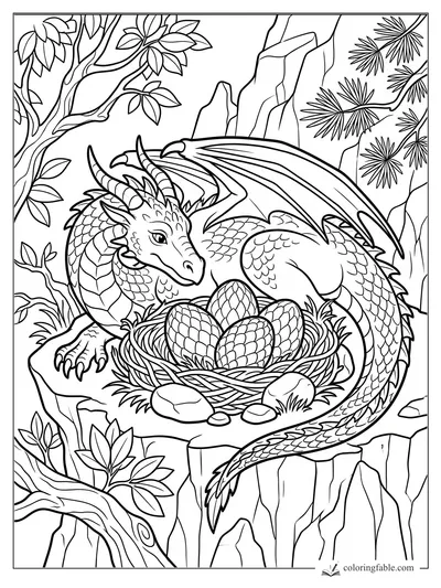 Dragon curled around a woven nest of eggs on a rocky ledge with trees and cliffs
