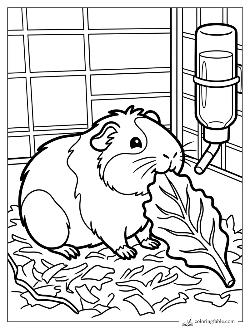 Bold coloring page of a guinea pig eating a large leaf beside a cage water bottle and wood shavings.