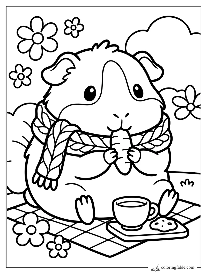Cozy guinea pig in a braided scarf holding a carrot beside a cup, cookie, flowers, and picnic blanket.