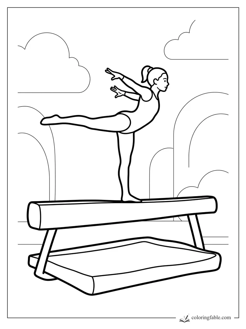 Easy coloring page of a young gymnast in an arabesque pose on a balance beam with clouds.
