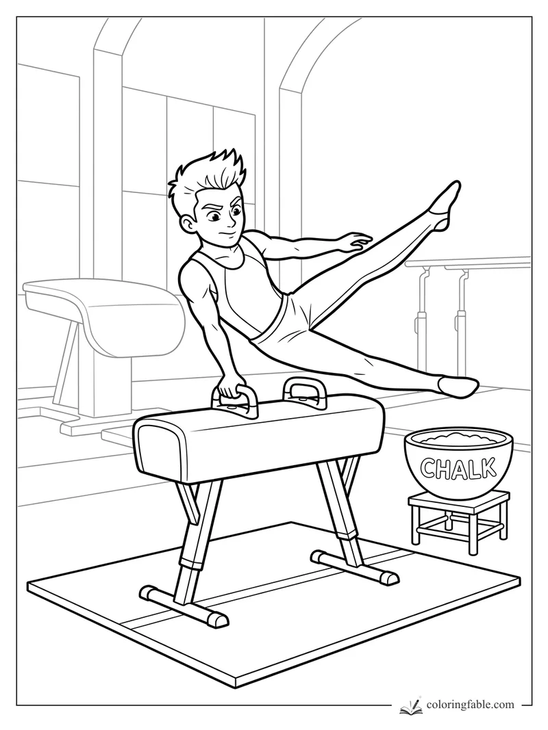 Cartoon gymnast doing a one-hand pommel horse move beside a chalk bowl in a tall-windowed gym.