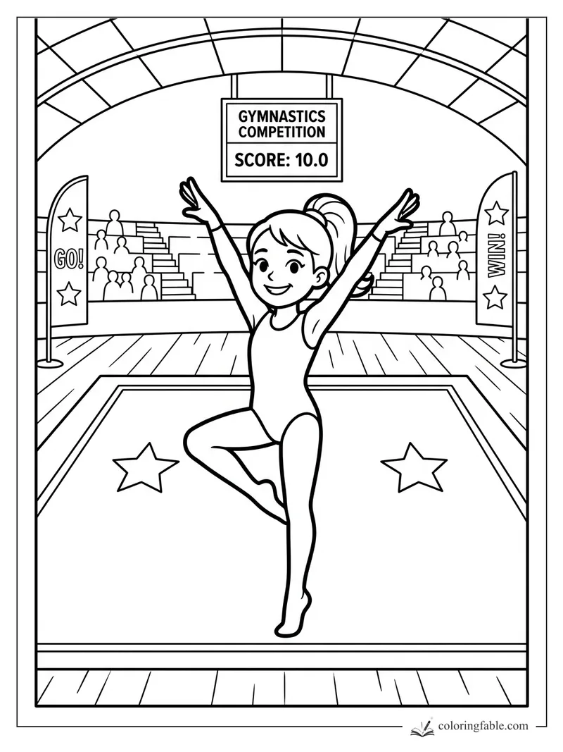 Cartoon gymnast posing on one foot under a Gymnastics Competition scoreboard reading 10.0.