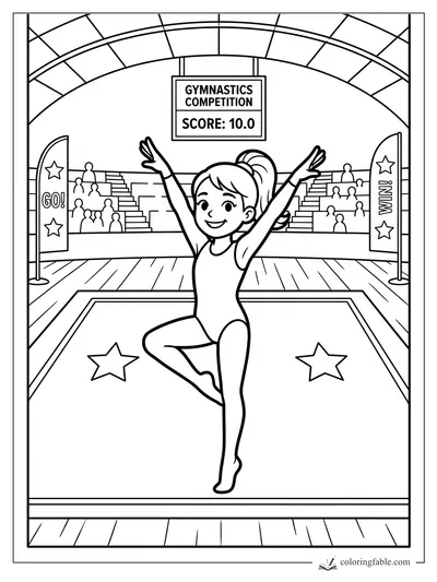 Cartoon gymnast posing on one foot under a Gymnastics Competition scoreboard reading 10.0.
