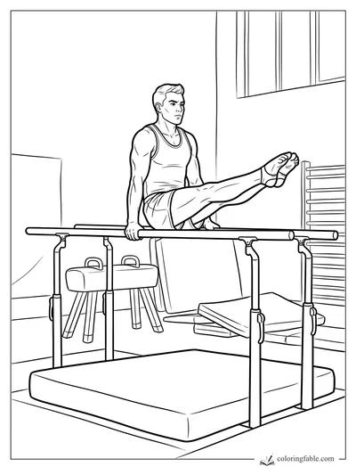 Realistic gymnast holding an L-sit on parallel bars with mats, pommel horse, and wall bars nearby