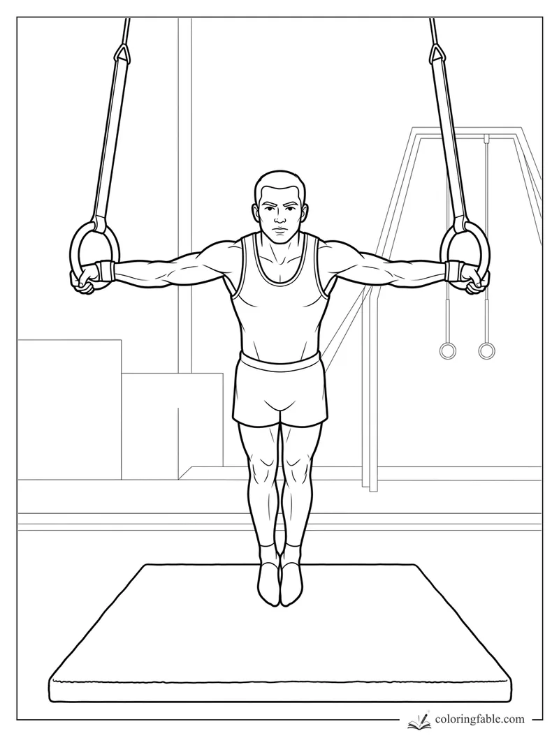 Realistic gymnast with arms straight out holding the rings above a landing mat in a training gym.