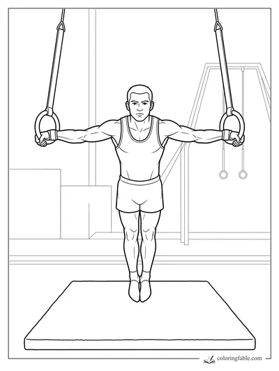 Realistic gymnast with arms straight out holding the rings above a landing mat in a training gym.