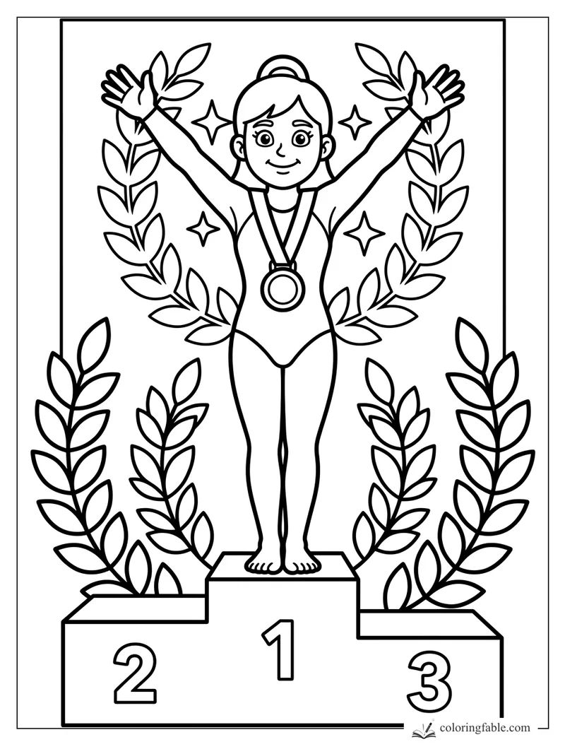 Smiling gymnast with medal, raised arms, laurel leaves, stars, and 1-2-3 podium coloring page