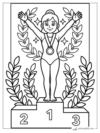 Smiling gymnast with medal, raised arms, laurel leaves, stars, and 1-2-3 podium coloring page