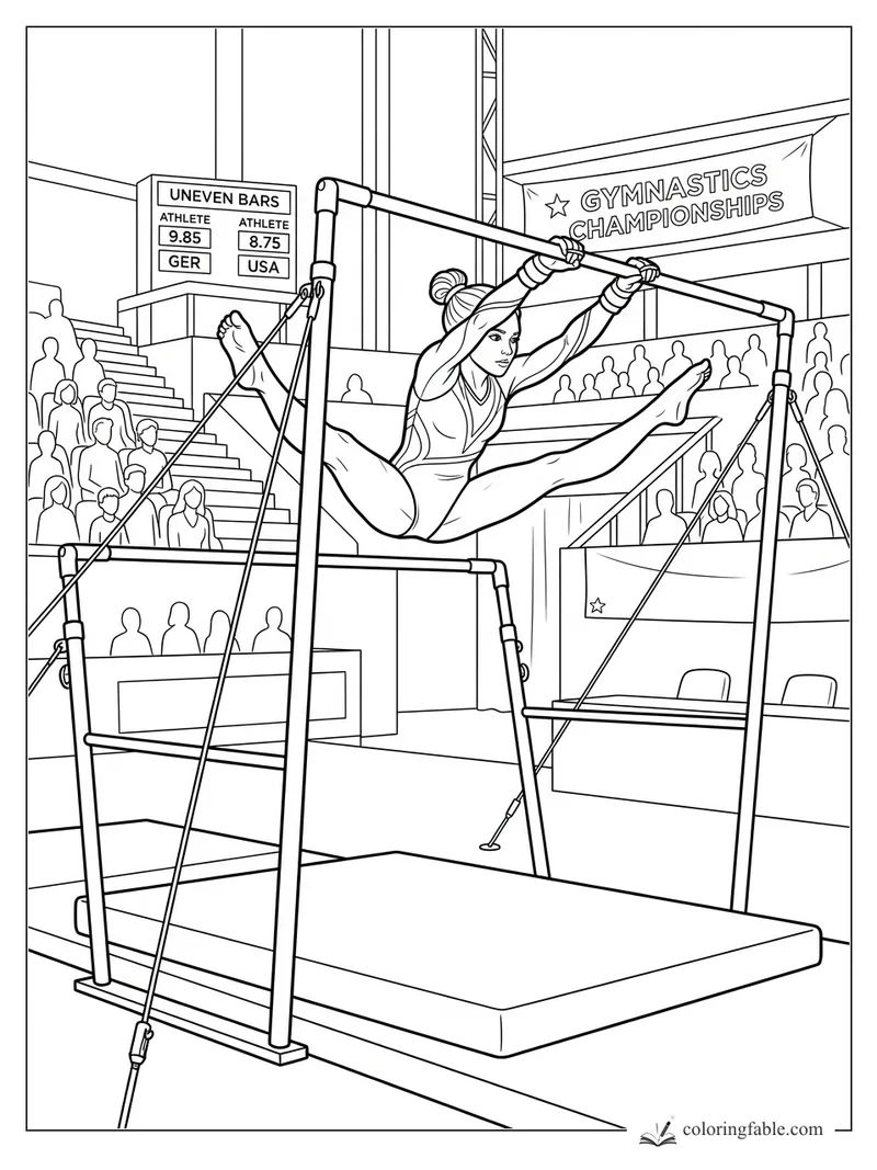 Gymnast holding a split on uneven bars at a championships arena with scoreboard and crowd