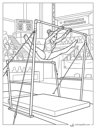 Gymnast holding a split on uneven bars at a championships arena with scoreboard and crowd