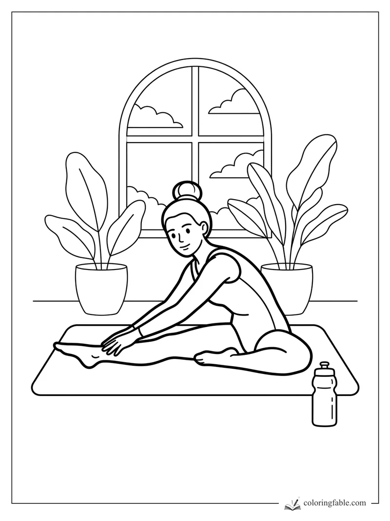 Gymnast stretching on a mat by an arched window, potted plants, clouds, and a water bottle.