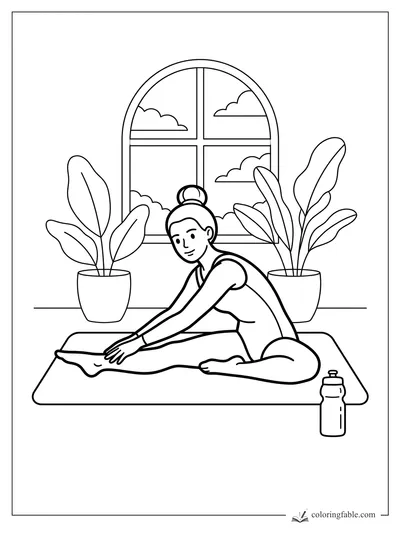 Gymnast stretching on a mat by an arched window, potted plants, clouds, and a water bottle.