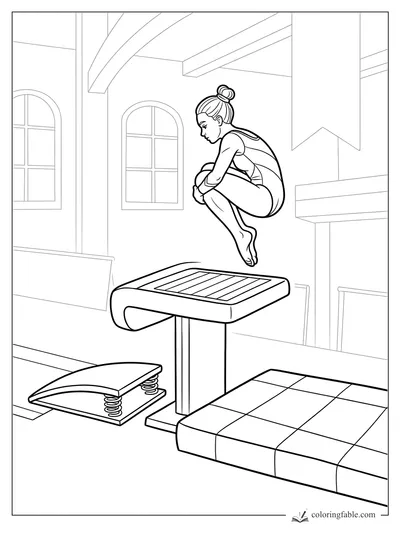 Gymnast in a tucked jump above a vault table with springboard and landing mat in a gym.