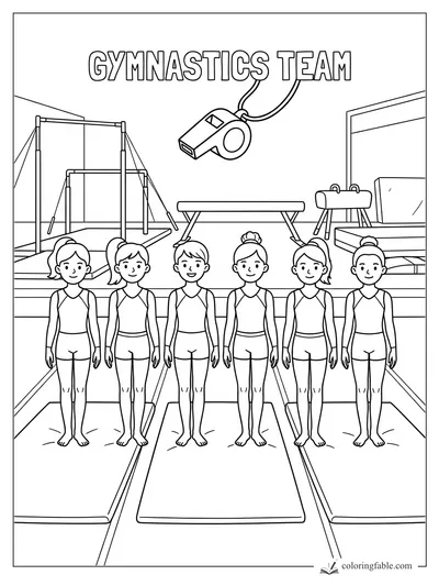 Six young gymnasts standing on mats beneath a whistle and Gymnastics Team sign in a gym.