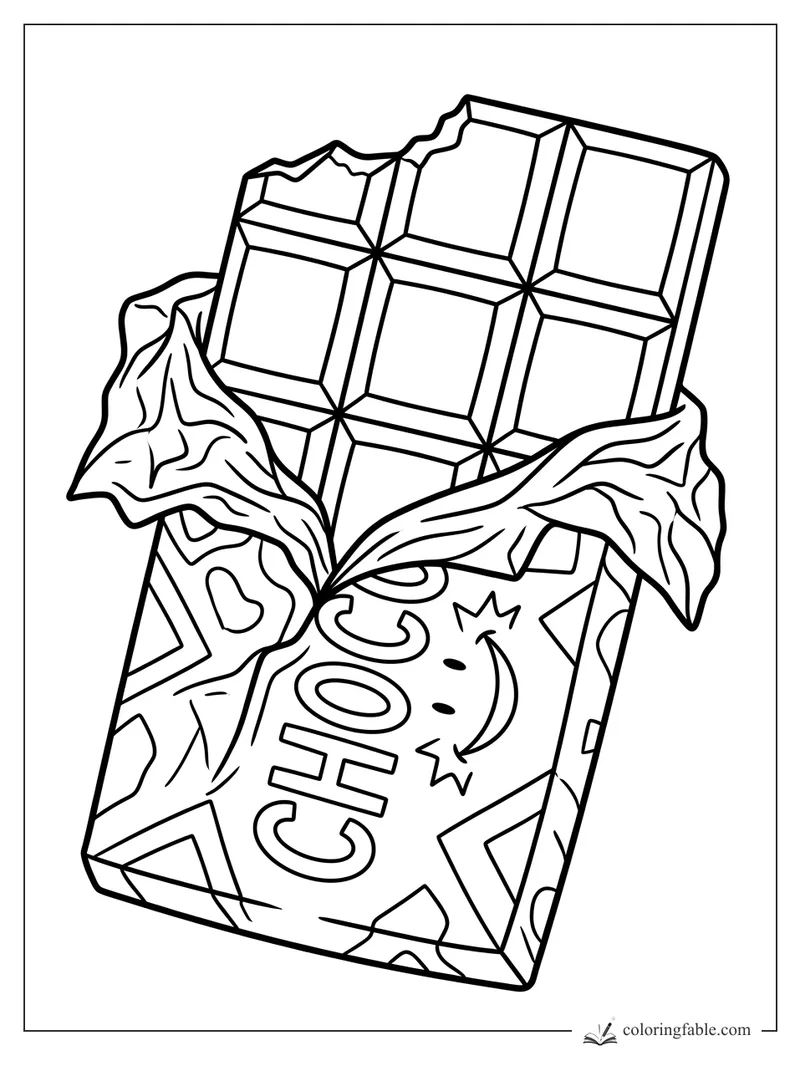 Cartoon chocolate bar in a torn wrapper, with raised squares, a bite mark, and CHOC lettering.