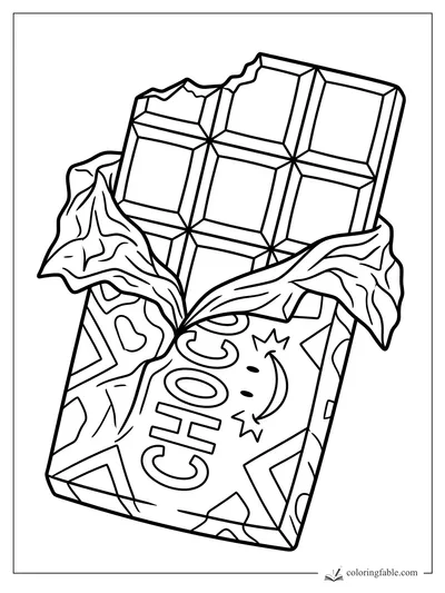 Cartoon chocolate bar in a torn wrapper, with raised squares, a bite mark, and CHOC lettering.