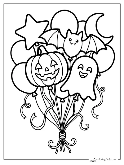 Easy Halloween balloon bouquet with smiling ghost, jack-o'-lantern, bat, star, and crescent moon.