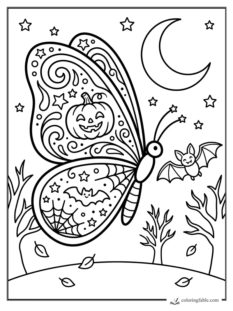 Halloween butterfly with pumpkin wings, bats, stars, crescent moon, bare trees, and falling leaves.