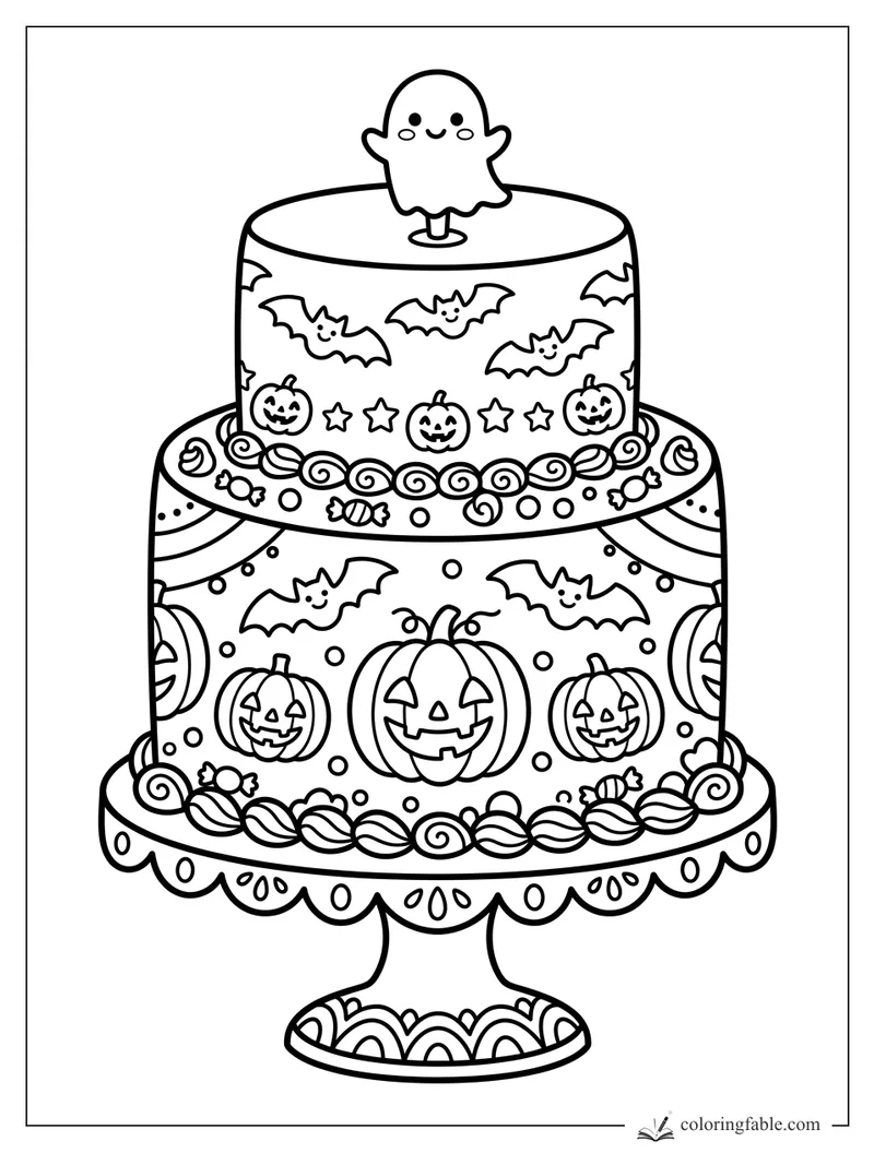 Two-tier Halloween cake with smiling ghost topper, bats, jack-o'-lanterns, candy, and stars.