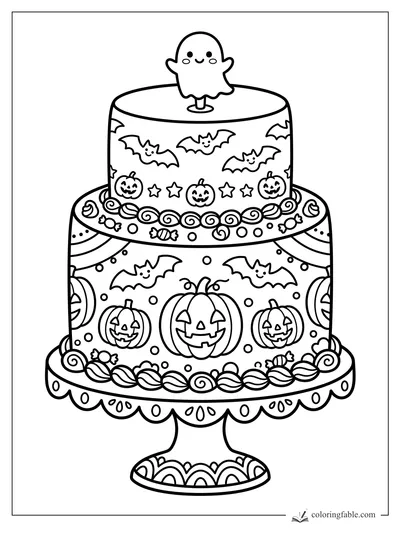 Two-tier Halloween cake with smiling ghost topper, bats, jack-o'-lanterns, candy, and stars.