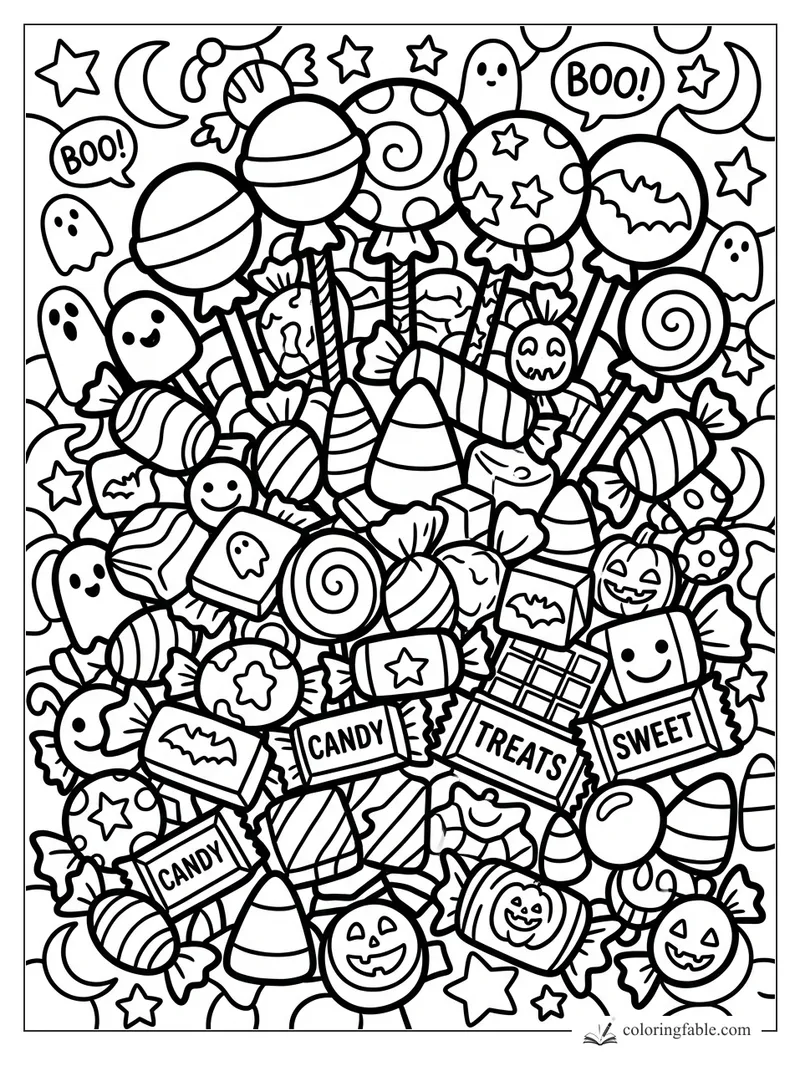 Bold Halloween candy pile with ghosts, lollipops, pumpkins, stars, moons, and Boo speech bubbles.