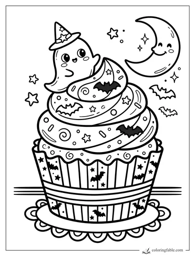 Cartoon Halloween cupcake with ghost, witch hat, bats, stars, and a smiling crescent moon.
