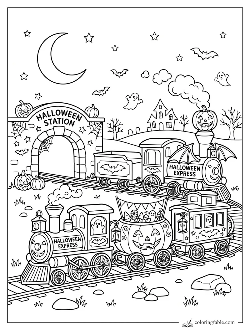 Halloween Express trains with pumpkin cars, bats, ghosts, crescent moon, and Halloween Station arch.
