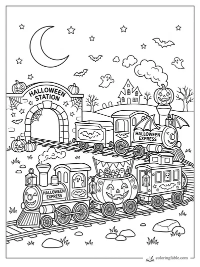 Halloween Express trains with pumpkin cars, bats, ghosts, crescent moon, and Halloween Station arch.